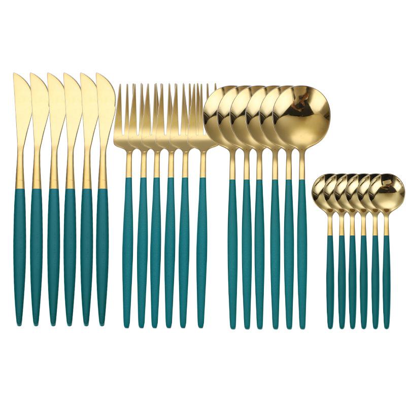 Посуда, набор столовых приборов из нержавеющей стали, черное золото, столовые приборы, обеденный нож, вилка, чайная ложка, кухонный ужин, 24 шт., посуда в западном стиле