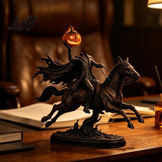 Artistic Desktop Sculptures Lighted Headless Horseman Statue Light Up Riding Horse Warm Gothic Home Decor Glow LED Pumpkin Head Sculpture for