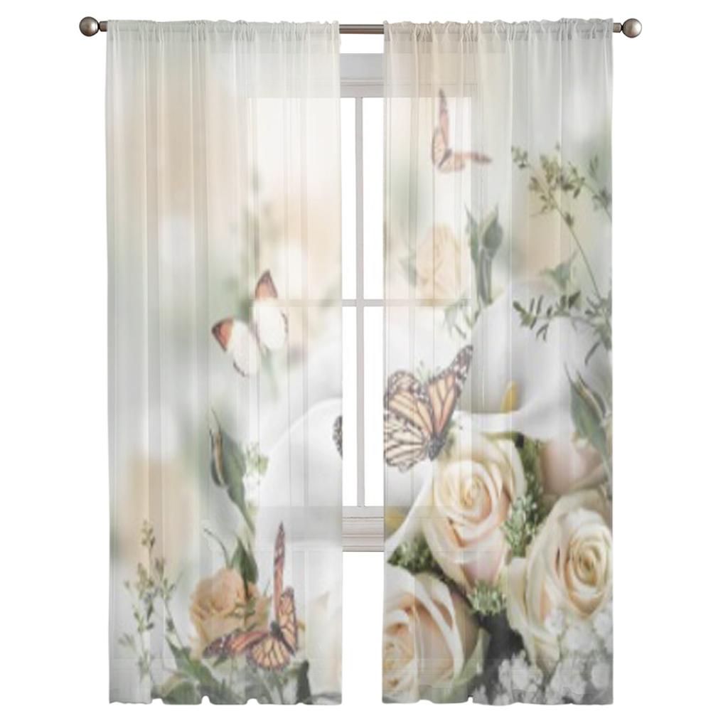 Yellow Roses And White Calla Lilies Butterfly Flower Tulle Sheer Curtains for Living Room Kitchen Decor Voile Organza Curtain