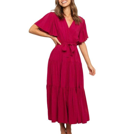 Женское летнее платье миди с v-образным вырезом и короткими рукавами, пояс с высокой талией и рюшами, однотонное платье трапециевидной формы, уличная одежда