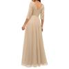 Women V-neck 3/4 Sleeve Gown Dress Crochet Lace Mesh Stitching High Waist A-Line Maxi Dress Backless Solid Color Long Dress