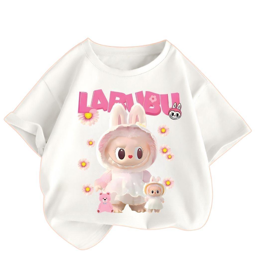 Labubu Girls' Детская одежда Футболка Летняя мода Круглый вырез Короткий рукав 2025 Новая Милая Дышащая Детская футболка