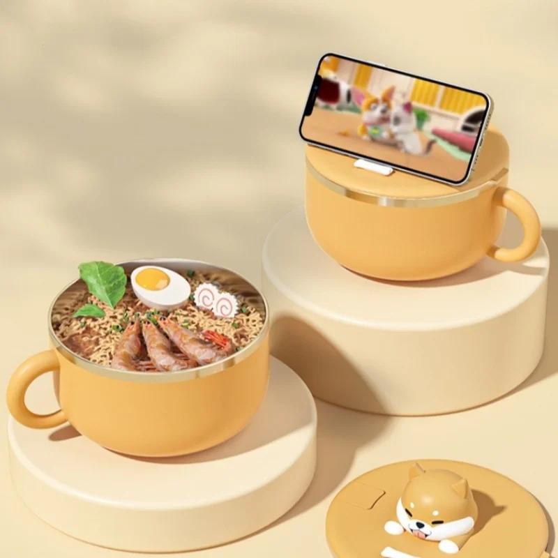 1200ml Noodle Bowl 304 Stainless Steel Bowls with Spoon Cute Large Capacity Fruit Salad Soup Rice Food Container Tableware Gifts