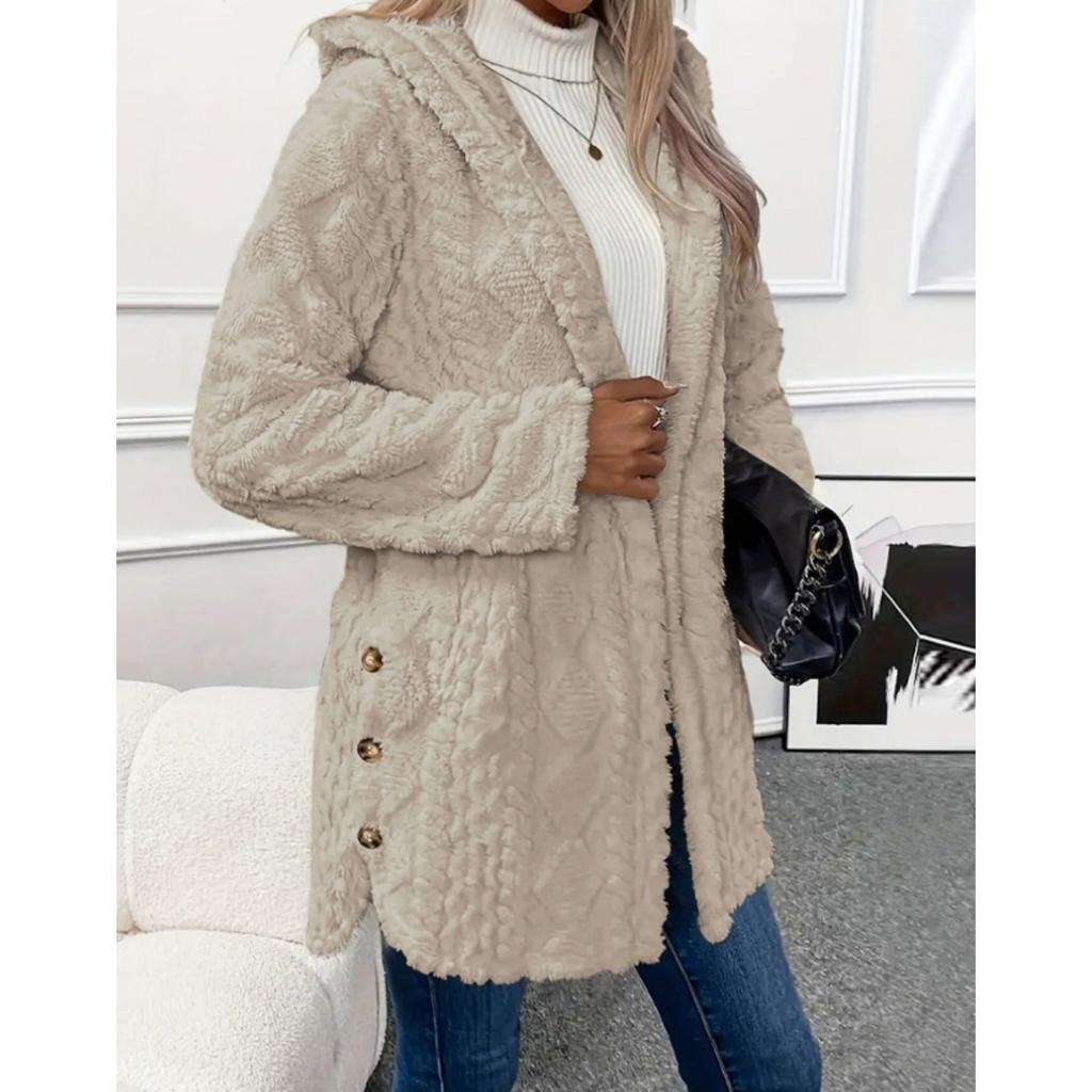 Autumn and Winter Hooded Solid Color Cardigan Button Long Sleeved Casual Fleece Jacket