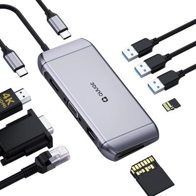 Док-станция QUUGE 9 в 1, хаб для быстрой зарядки PD, совместимый с HDMI и VGA, док-станция USB-C, LAN 1000 Мбит/с, хаб 9 портов со слотом для Micro Card, USB-хаб 5 Гбит/с