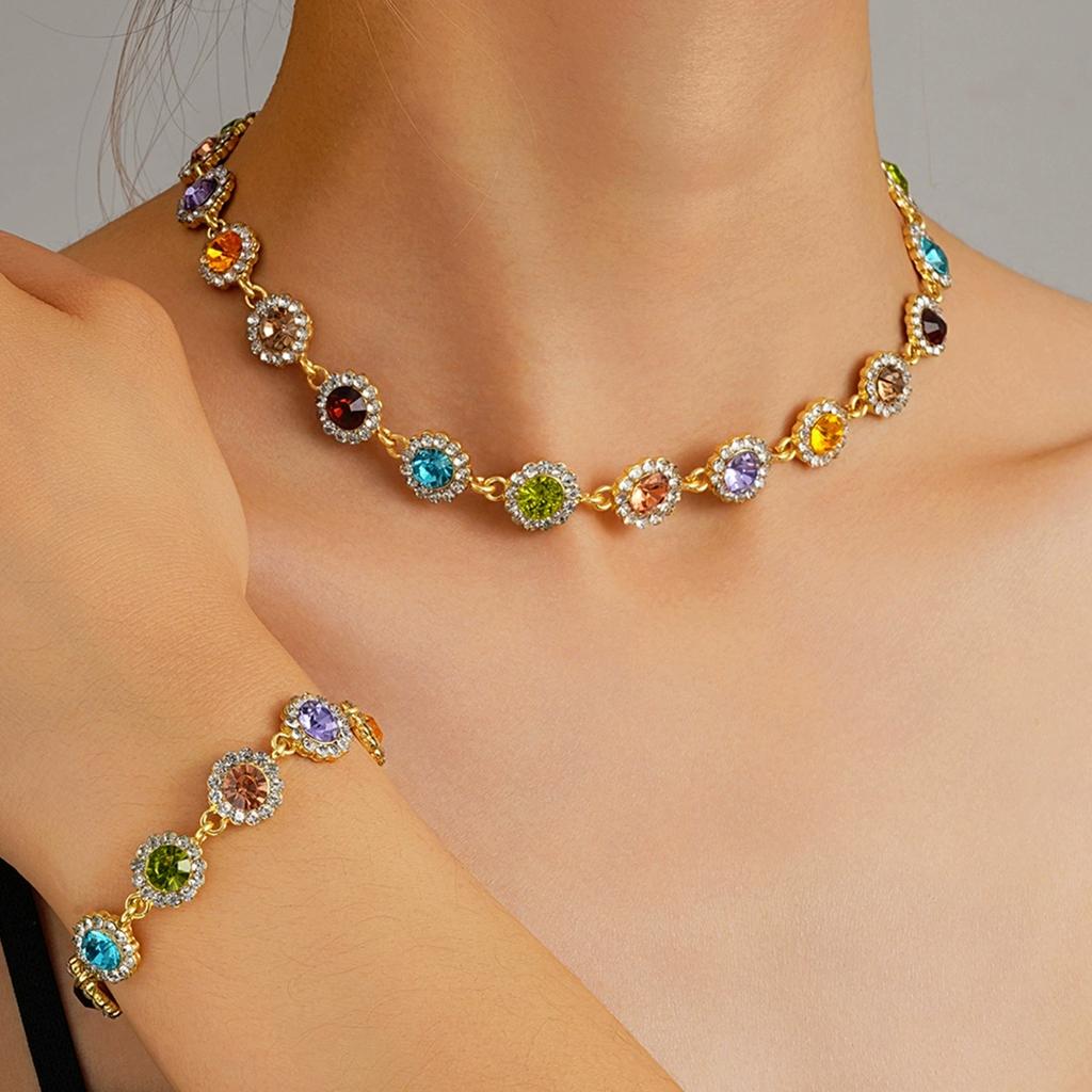 Colorful Crystal Choker Necklace Bracelet for Women Sparkly Rhinestone Clavicle Chain Bracelet Fashion Jewelry Set