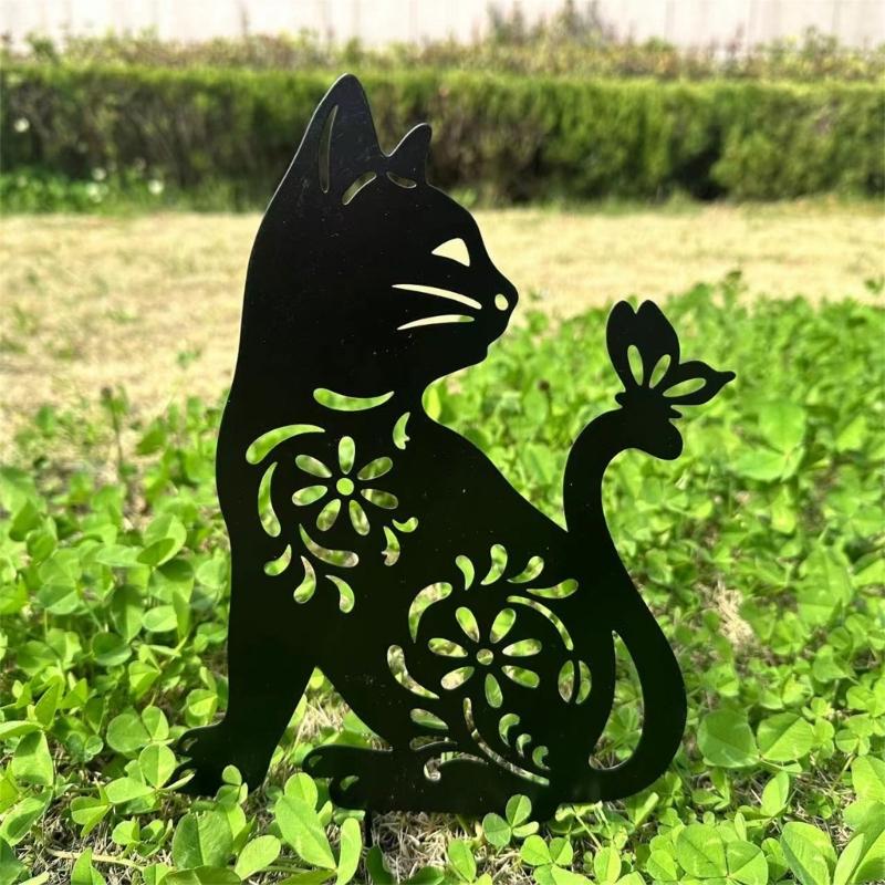1/2Pcs Metal Cat Garden Decors Black Cat Silhouettes Outdoor Cat Stakes for Outdoor Animal Sculpture Decorations