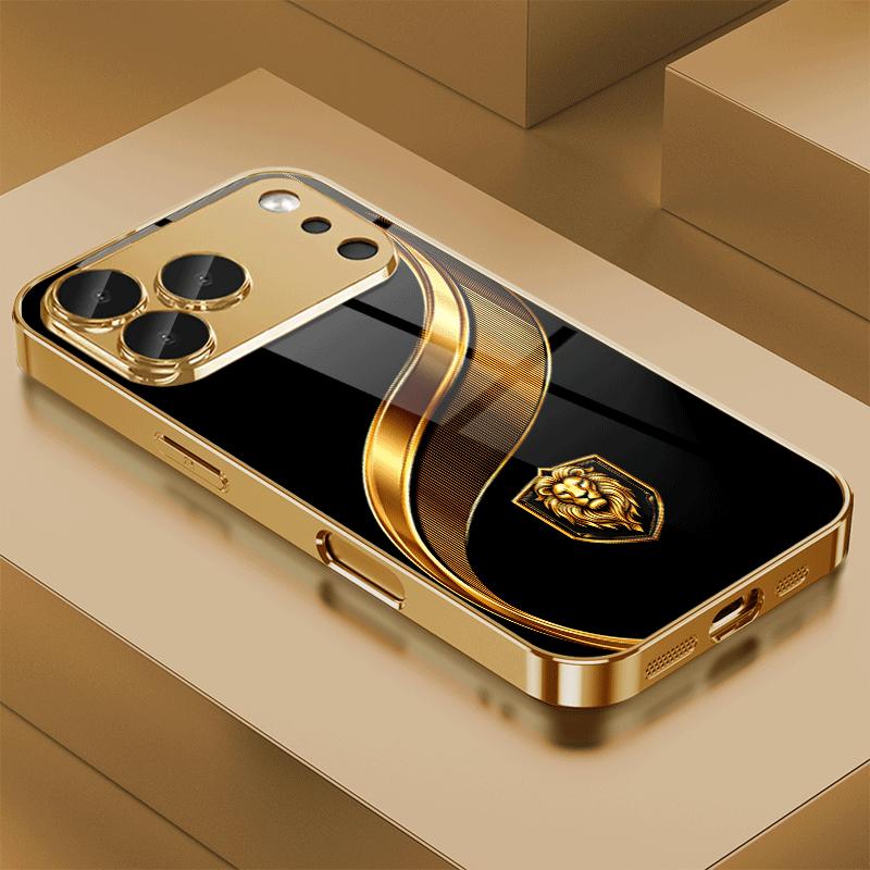 Стеклянный чехол для телефона 'Золотой Лев Щит' Подходит для iPhone 17 16 15 14 13 12 11 Pro Max Plus Защита от падений и ударов Задняя крышка