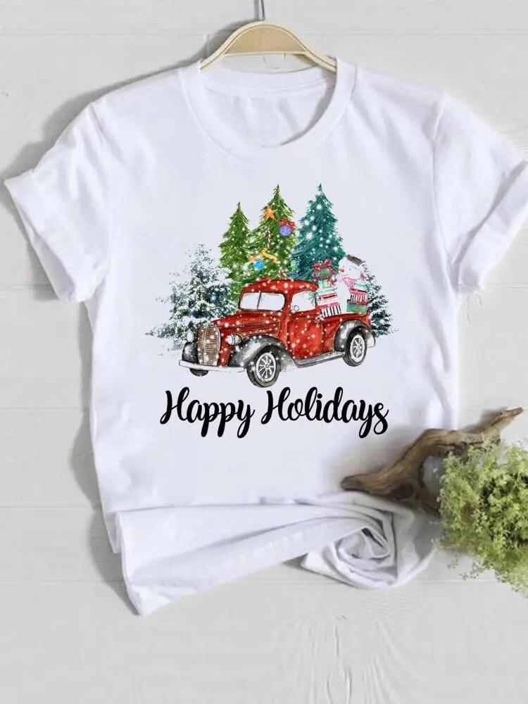 Deer Cartoon Style 90s Christmas Happy New Year Female Women Clothes Print O-neck Lady Casual Fashion Shirt Tee Graphic T-shirt