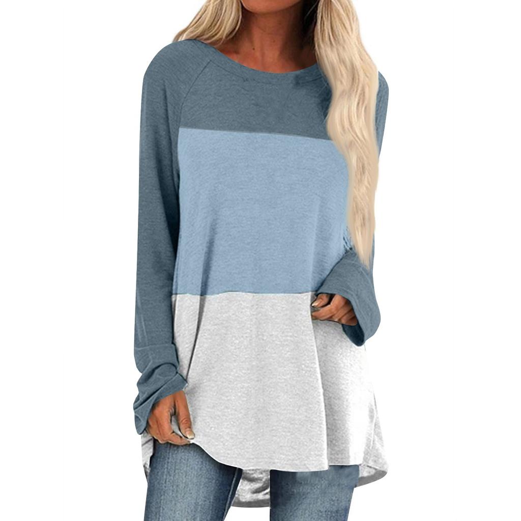 Женская мода круглый вырез сращивание повседневный свободный длинный рукав футболка топ