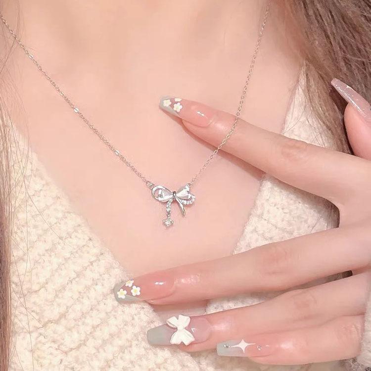 Опаловый бант ожерелье модный легкий роскошный милый стиль кулон сердце ключица цепочка праздничный подарок