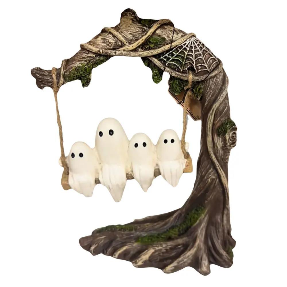High-Quality Spooky Halloween Ghost on Tree Swing Resin Cute Halloween Ornament Handcrafted Funny Ghost Decor Halloween Party