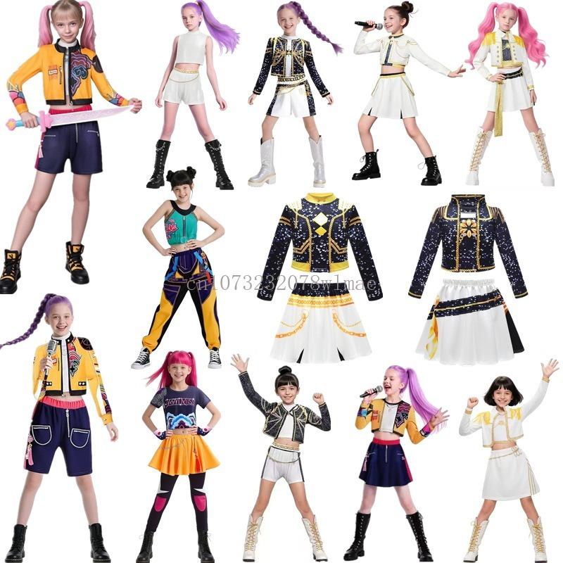 K-Pop Охотники на демонов Зои Руми Мира Комплект костюма Huntrix Золотой Косплей Девушки 3D Печать Сценическая одежда Униформа Наряды для ролевых игр