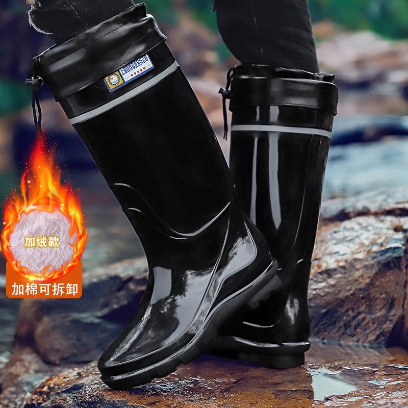 Дождевики мужские осенне-зимние водонепроницаемые и нескользящие бархатные высокие резиновые туфли мужские кухонные, рыболовные, рабочие, для отдыха на природе, водные туфли