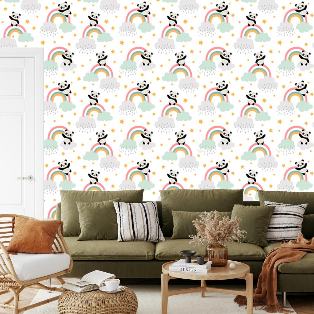 Panda wallpaper with rainbows for living room and bedroom 50x1000