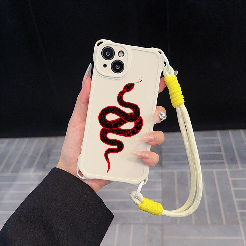 Soft Phone Cases for iPhone 16 15 13 12 11 14 Pro Max 8 Plus Four Corners Anti-Drop Protective Cover Optional Lanyard Rope N73 Black Gold Snake Design