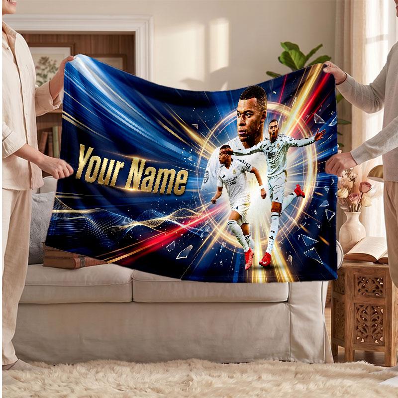 Kylian Mbappe Personalized Fleece Blanket With Football Logo, Custom Name Text Soft Warm Home Throw Blanket