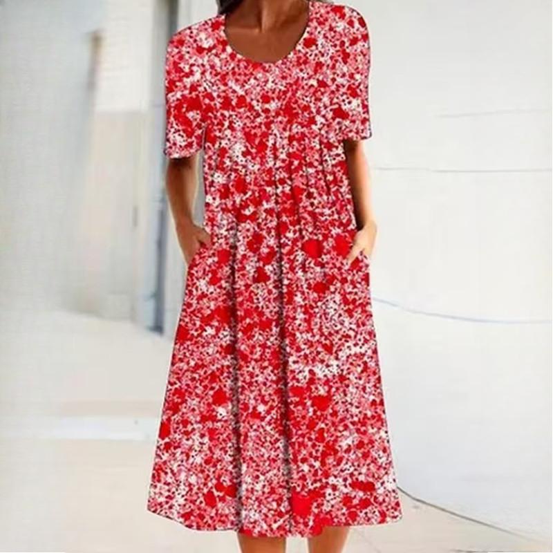 Женская мода лето весна однотонный принт с коротким рукавом и круглым вырезом с высокой талией повседневные платья