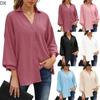 V-neck Solid Chiffon Casual Shirt 3 / 4 Lantern Sleeve Button Up Shirt Women's Wear
