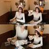 2025 Women's Slim Fit V-Neck Thermal Fleece Lace Patchwork Long Sleeve T-Shirt for Autumn/Winter