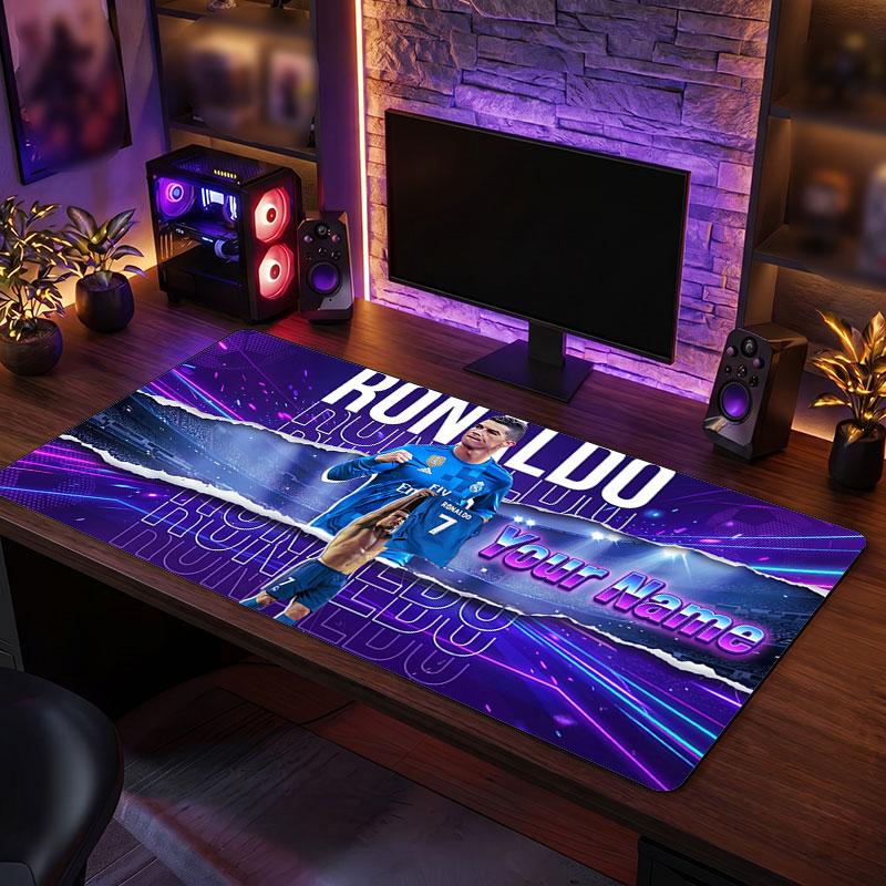 Cristiano Ronaldo Custom Large Mouse Pad, Personalized Name Text Print, Football Logo Non‑Slip Desk Mat Gaming Gift