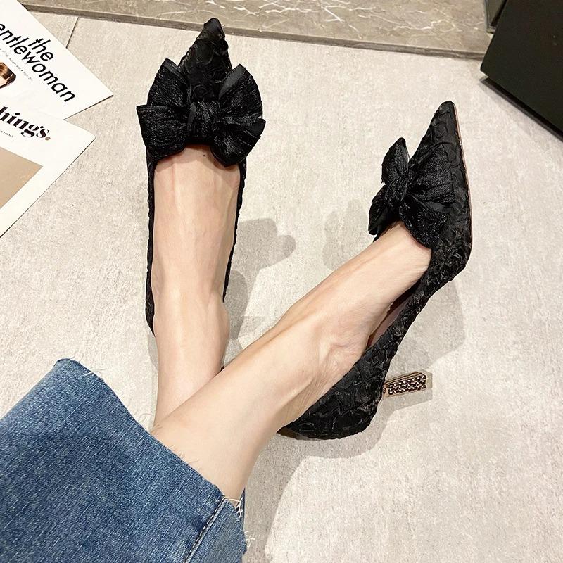 Fashion Green Silk Bowtie High Heels Pumps for Women Sexy Pointed Toe Metal Stiletto Heels Wedding Party Shoes Woman 2024 Spring