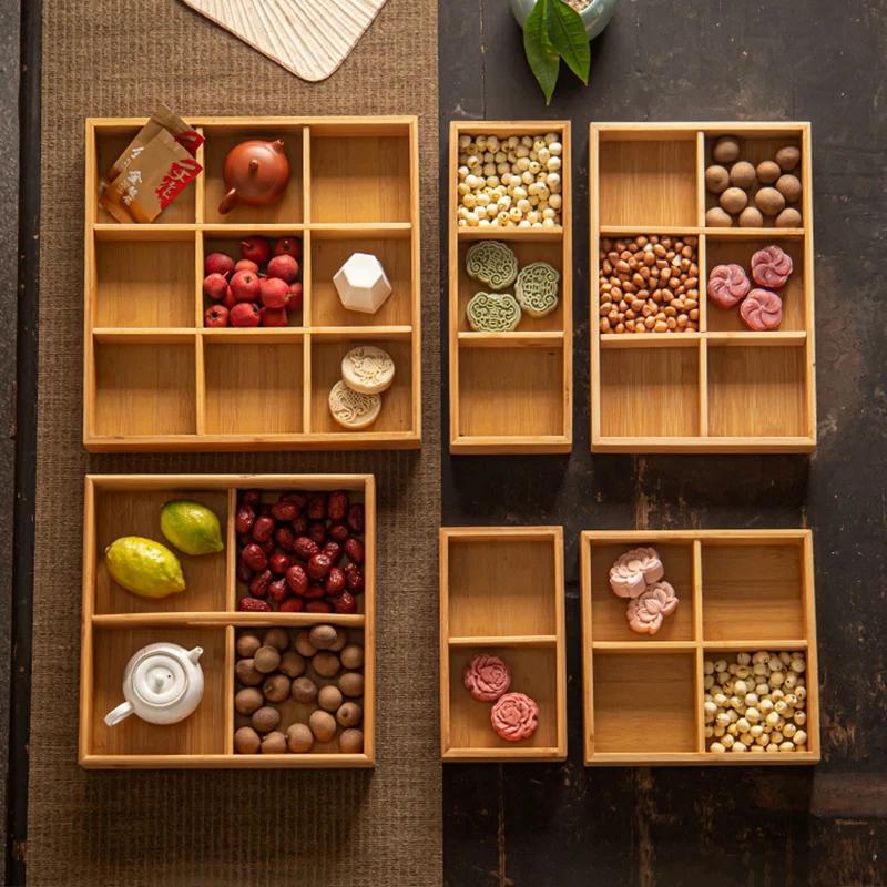 Бамбуковый поднос для хранения орехов, деревянные подносы для сухофруктов, конфет, с крышкой, блюдо для закусок Dim Sum для вечеринок, семейных вечеринок