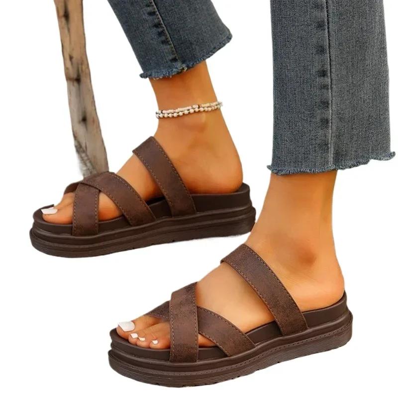Summer Flat Women's Slippers Gladiator Beach Sandals Slides Cross Belt Platform Solid Colour Heeled Flip Flops Size 36-43