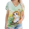 3d Cat Printing T-shirt for Women's Fashion V-neck Streetwear Tops Oversized T-shirt Women's Clothing