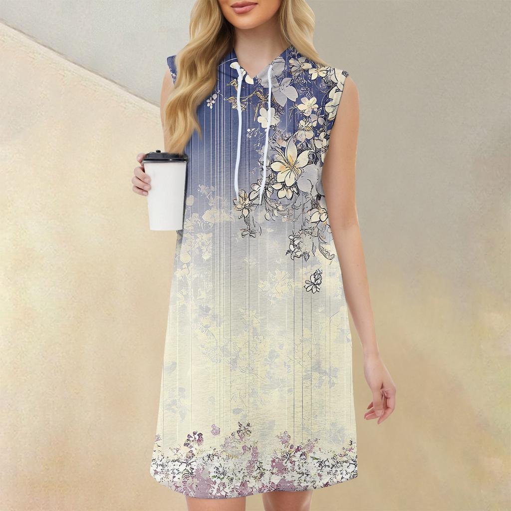 Women's Casual Fashion Round Neck Sleeveless Print Hooded Drawstring Dress