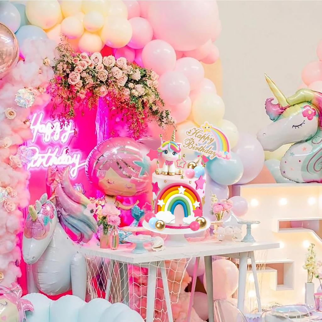 25PCS Unicorn Rainbow Cake Decorations with Rainbow Stars Unicorn Balls for Boys Girls Kids Birthday Party Baby Shower Supplies