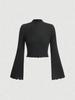 Long Sleeve Crop Top Phumee Mock Neck Flared Sleeves Rib-knit A1814