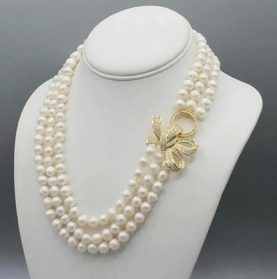 Завязанное вручную ожерелье из белого пресноводного жемчуга 8-9 мм с микроинкрустацией из циркона, застежка-бант, модные украшения