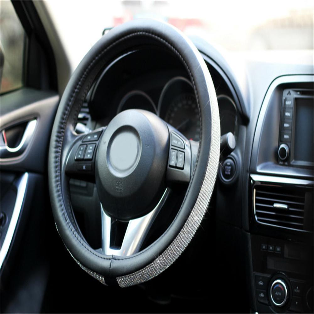 Черный 15'' 38см PU Кожа Кристалл Чехол на руль автомобиля со стразами