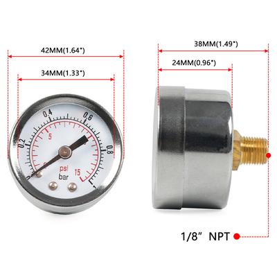 Автомобильный манометр 0-15psi, заполненный жидкостью манометр, разъем 1/8NPT 3/8NPT, указательный измеритель, корпус из нержавеющей стали, многофункциональный инструмент