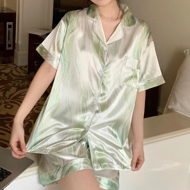 Женская пижама с принтом «волны воды» французская свежая Y2k струящаяся зеленая элегантная ночная рубашка новая летняя модная ночная рубашка