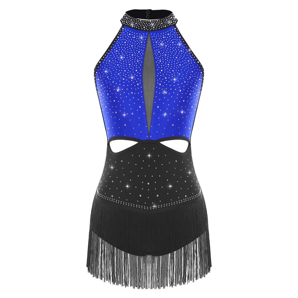 Женский латиноамериканский джазовый танцевальный купальник, полностью расшитый стразами, юбка с бахромой, открытая спина, контрастный боди