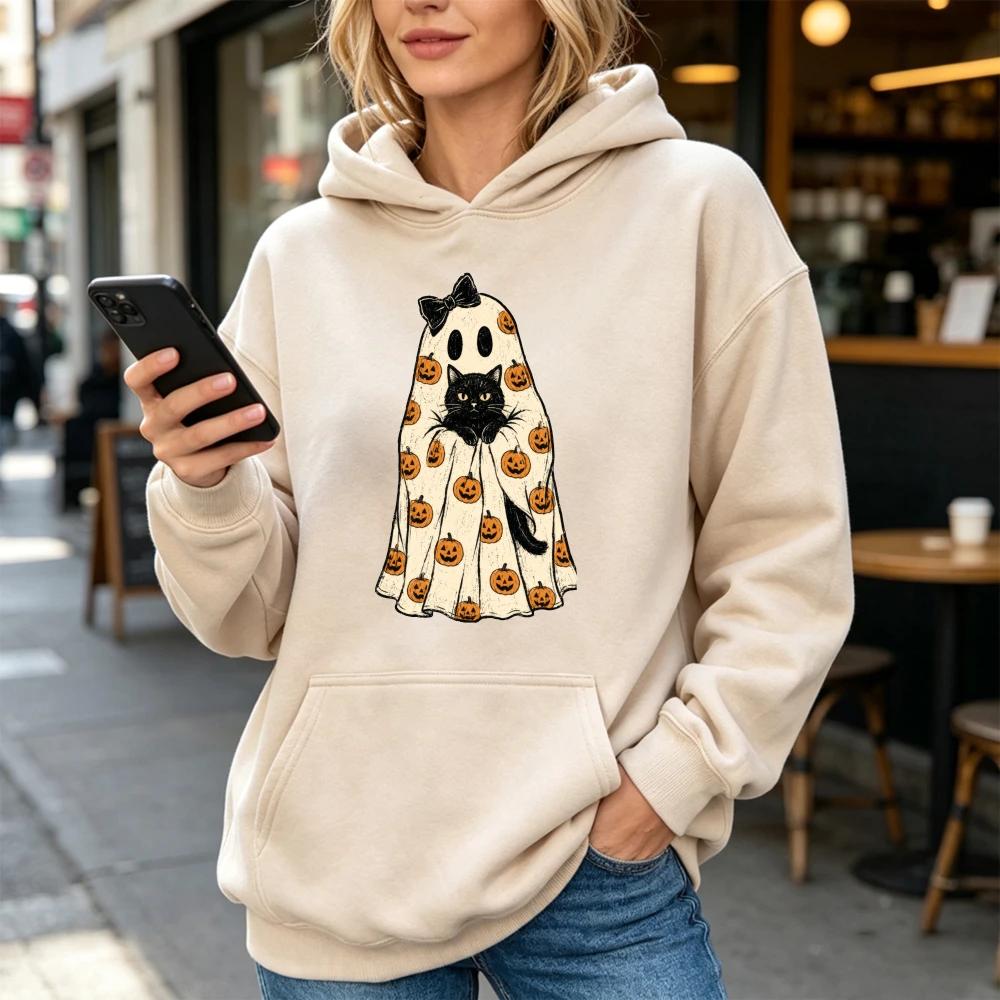 Cute Black Cat Ghost Pumpkin Graphic Hoodie Long Sleeve Women Autumn Winter Sweatshirt Cozy Funny Trend Halloween Women Pullover