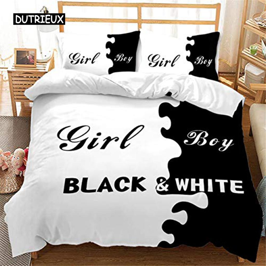 Black and White Duvet Cover Set King and Queen Bedding Set for Couple Romantic Valentine's Day Presents Polyester Duvet Cover