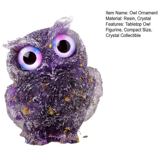 Natural Crystal Owl Figurine Handmade Resin Owl Statue Filled with Crystal Stones Tabletop Owl Ornament