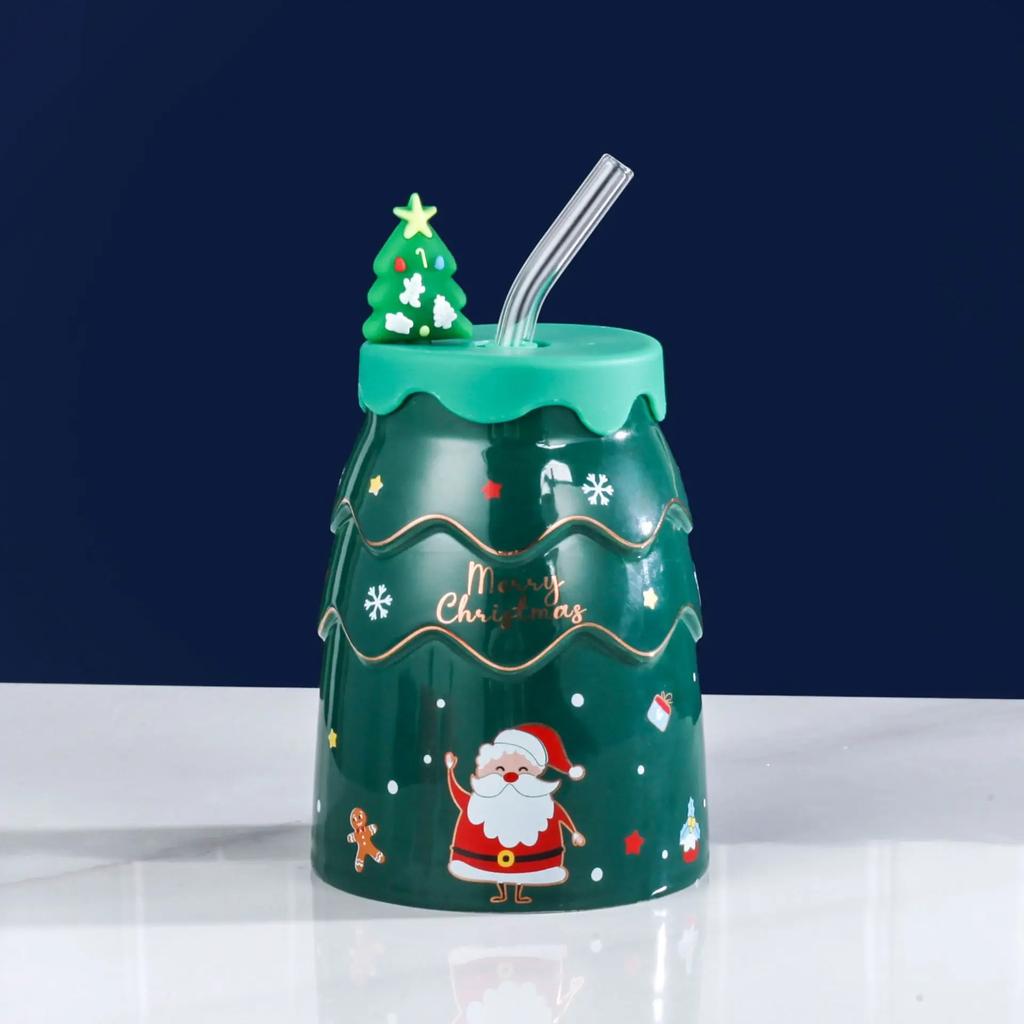 Christmas Creative Elk Snowman Ceramic Cup Creative Christmas Tree Cup with Lid Straw Gift Practical Cartoon Cup