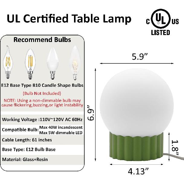 6.9” Table Lamp with Opal Glass Globe & Resin Base, E12 Base, UL Listed