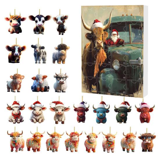 Highland Cow Ornaments Advent Calendar 2025 24 Days Christmas Countdown Calendar with Cartoon Cows Ornament for Xmas Tree Decor