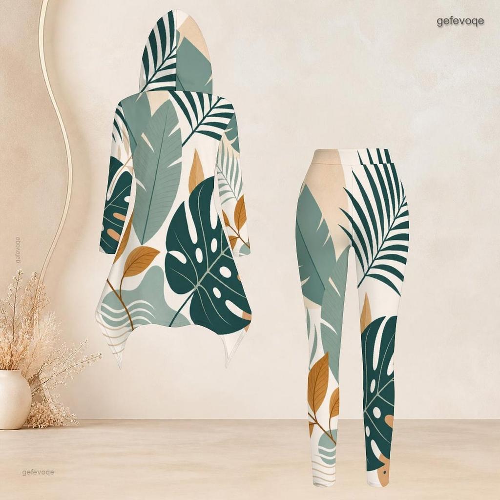 Women Plus Size Two Piece Set Hooded Long Sleeve Tropical Leaf Printed High Low Top Fitted Pants