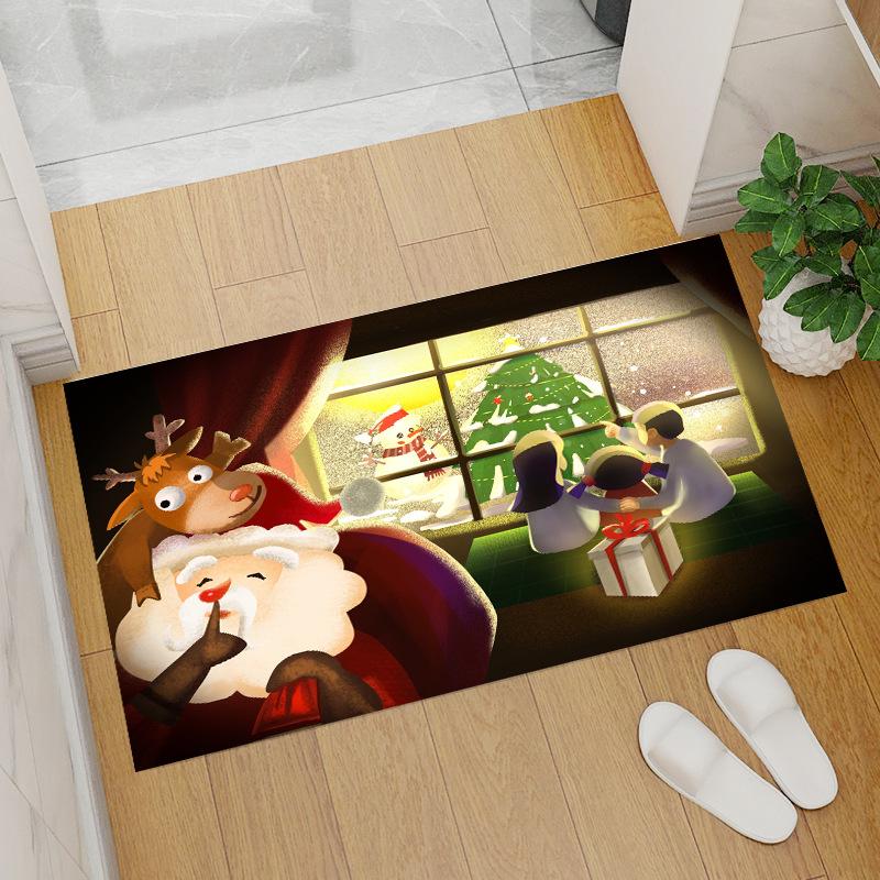 Red Coral Fleece Christmas Floor Mat with Santa Claus and Tree Design