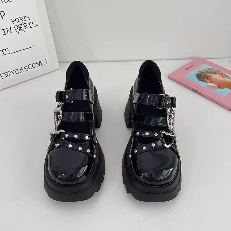 Thick High Heel Thick Sole Heightening Mary Jane Shoes Women's Retro Versatile British Style Niche Design Chain Versatile Small Leather Shoes