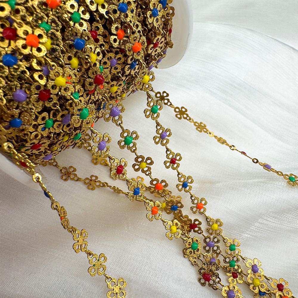 1Meter Stainless Steel Chain Colorful Enamel Daisy Flower Beaded Charm Paper Clip Chain for DIY Jewelry Making Necklace Bracelet