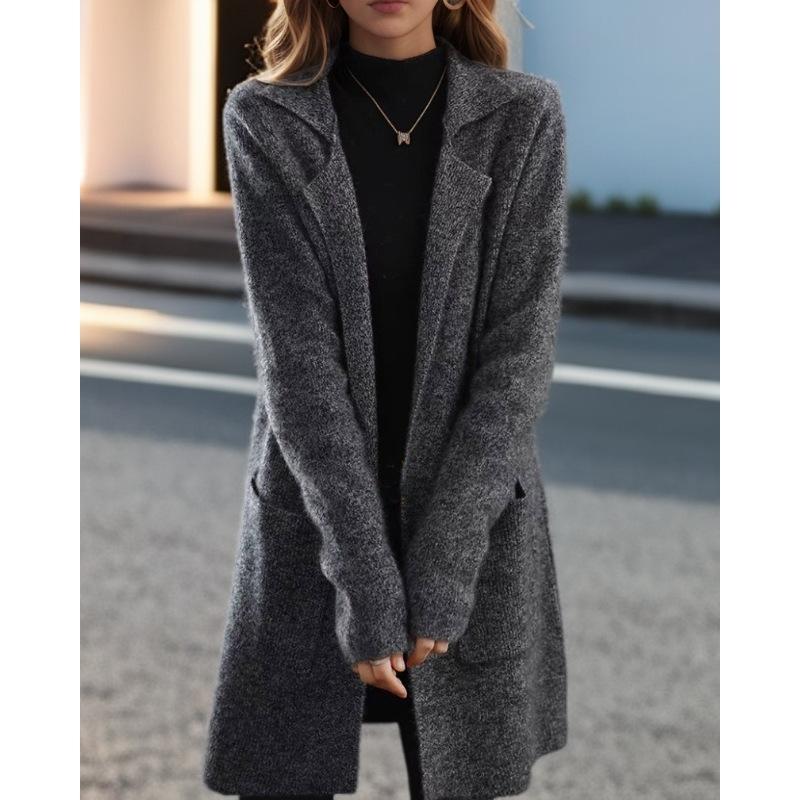 Tooxika Women's Autumn And Winter New Style Lapel Solid Color Long Sleeve Knitted Cardigan Loose Pocket Sweater Jacket Female