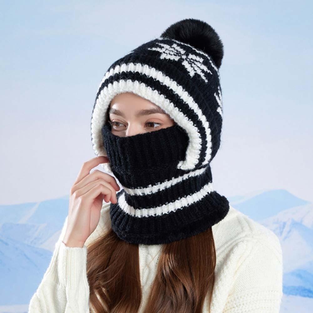 Snowflake Jacquard Knitted Balaclava Hat Fleece Lining Integrated Scarf Cap Motorcycle Riding