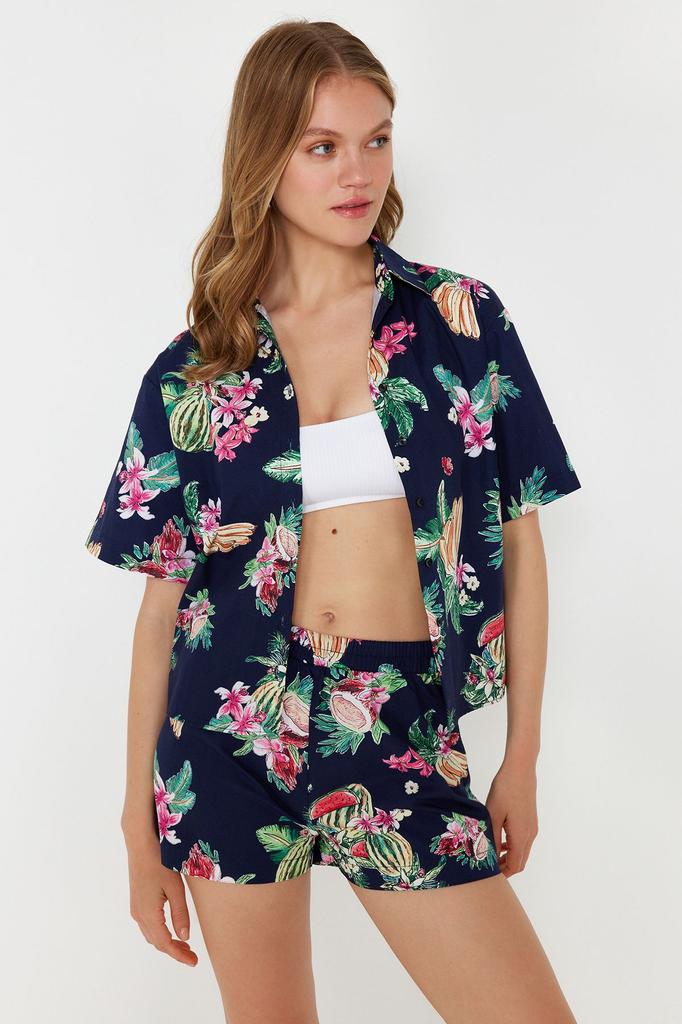 Women's Style Bottom-Top Set Clothes Tropical Patterned Woven Shirt Shorts Set